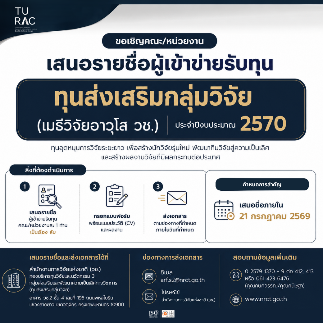TU-RAC ขอเชิญคณะ/หน่วยงาน เสนอรายชื่อผู้เข้าข่ายรับทุนส่งเสริมกลุ่มวิจัย (เมธีวิจัยอาวุโส วช.)