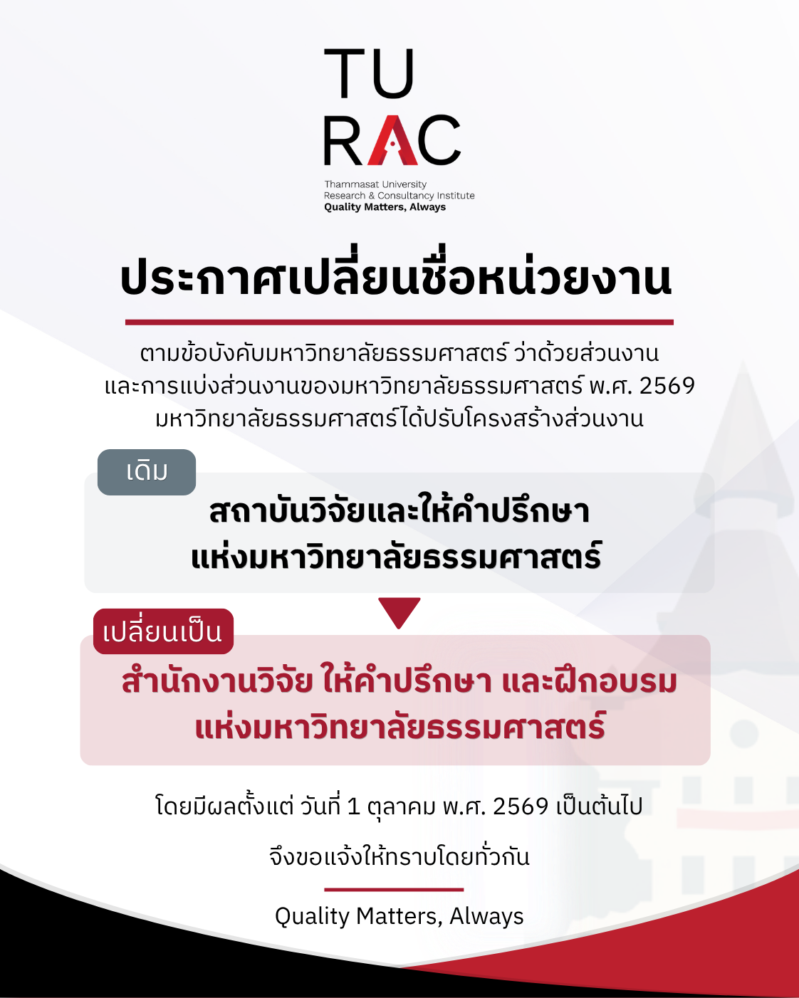 📢 แจ้งการเปลี่ยนชื่อหน่วยงาน